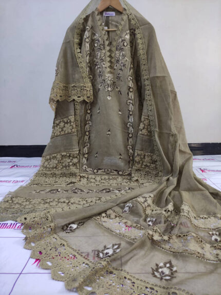 CHAMBELI – Coffee gold 3 Piece Embroidered Suit