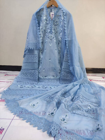 CHAMBELI – Ocean blue 3 Piece Embroidered Suit