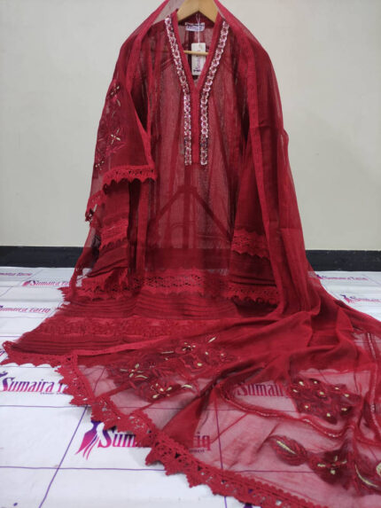 CHANDNI - Deep red 3 Piece Semi Stitched