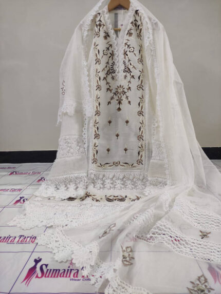 CHAMBELI - White 3 Piece Semi Stitched Suit