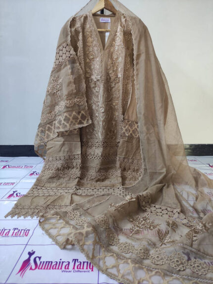 3D Cutwork Cotton Lawn - Coffee gold 3 Piece Semi-Stitched Suit
