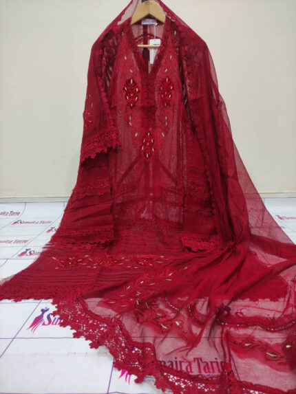 VELDESIRE - Deep red 3 Piece Semi-Stitched Suit