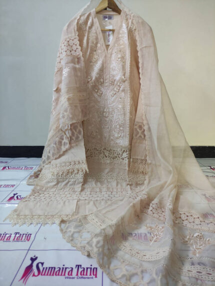 3D Cutwork Cotton Lawn -  Ivory beige 3 Piece Semi-Stitched Suit