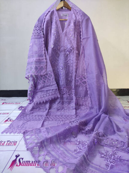 3D Cutwork Cotton Lawn - Lilac purple 3 Piece Semi-Stitched Suit