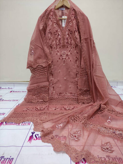 CHAMBELI – Mud peach 3 Piece Semi-Stitched Suit