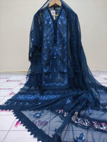 CHAMBELI – Peacock blue 3 Piece Semi-Stitched Suit