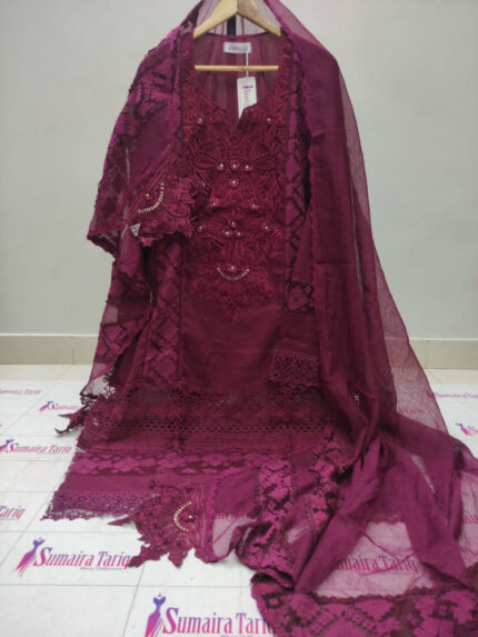 MUSKAN (Cotton Lawn)- Burgundy 3 Piece Semi-Stitched Suit
