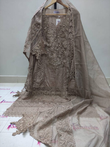 MUSKAN (Cotton Lawn)- Coffee beige 3 Piece Semi-Stitched Suit